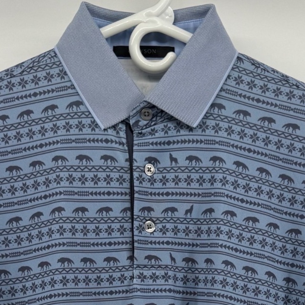 Greyson Mens Wolf Fair Isle Polo Shirt Blue Short Sleeve Size S Golf Performance